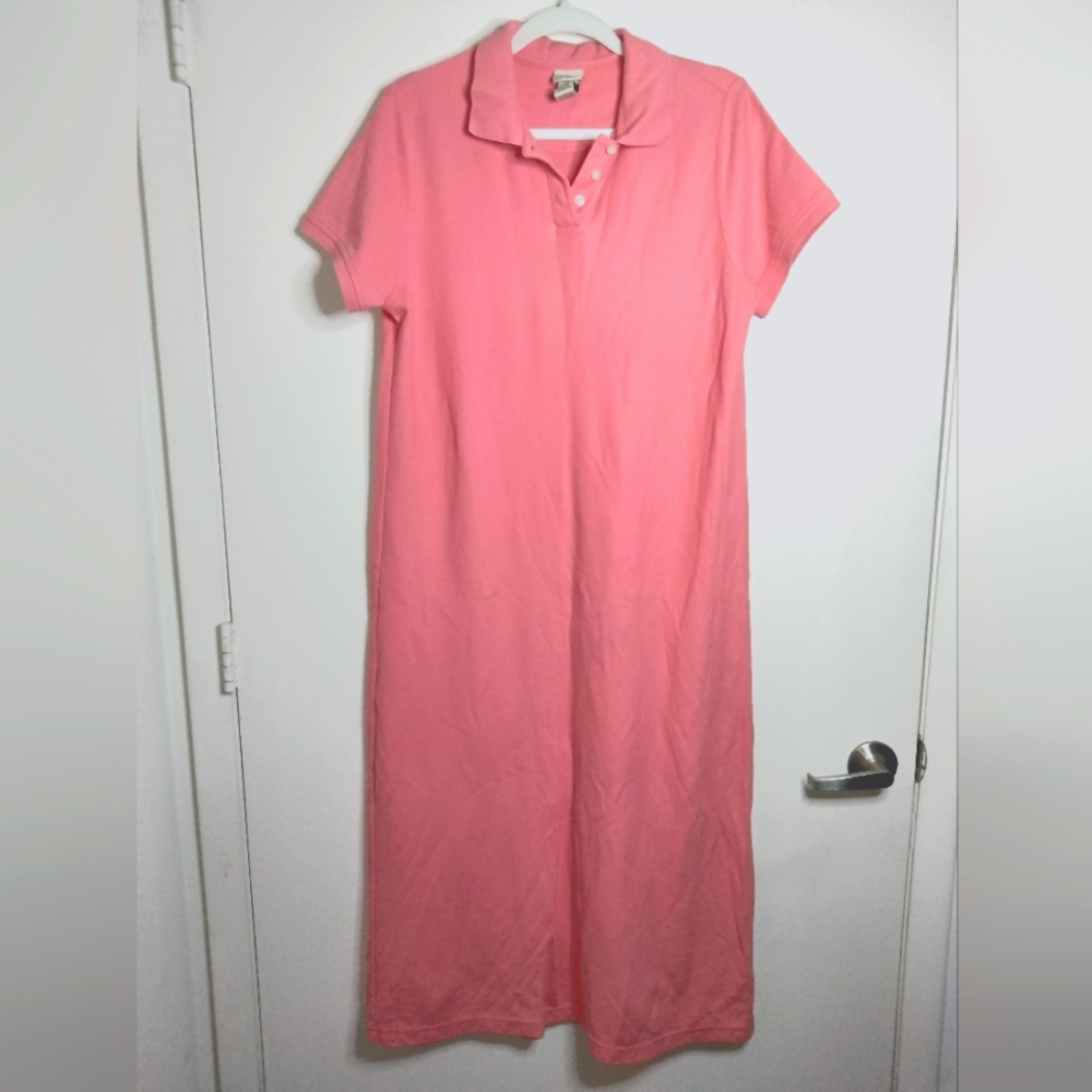 L. L. Bean (Sz M) Coral Pink Cotton Semi-Stretch SS Henley Polo Midi Maxi Dress